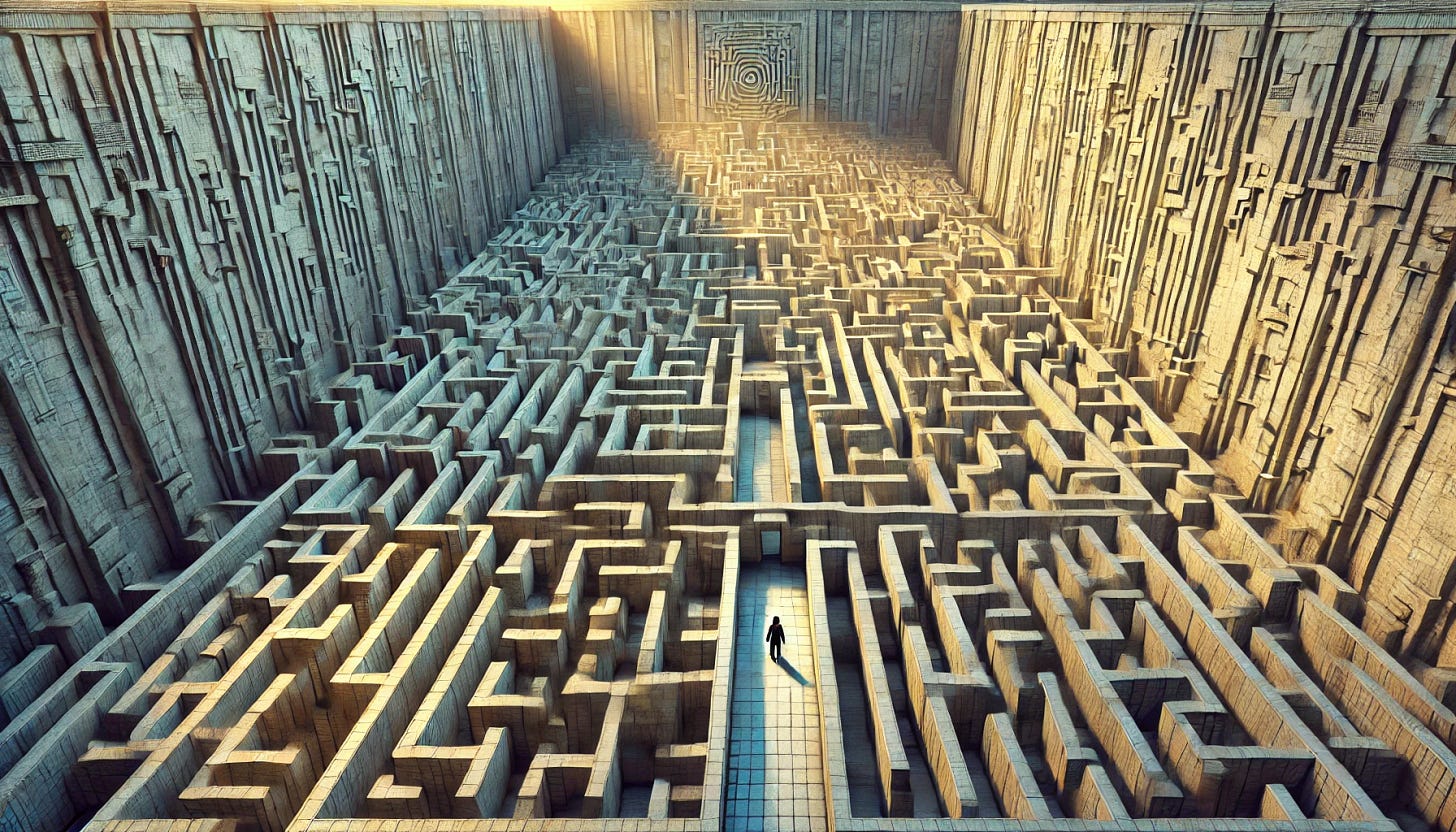 A large, intricate maze with high walls, extending far into the distance, depicted in a horizontal layout. The maze features winding paths, dead ends, and varying levels. The walls are textured with realistic stone or brick patterns, and the lighting is natural, casting dynamic shadows that give the maze depth. The colors are vibrant but blended more naturally with subtle gradients. A small person stands at the entrance of the maze, detailed with human-like features and natural posture, looking up at the towering walls and the vastness of the labyrinth. The overall scene should feel organic and less digitally perfect, with slight imperfections to enhance realism.