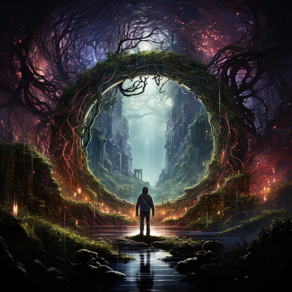 prompt: A person steps from one portal to another one, lush green forest, whisical purple and blue light swirls around the portals, high-fantasy