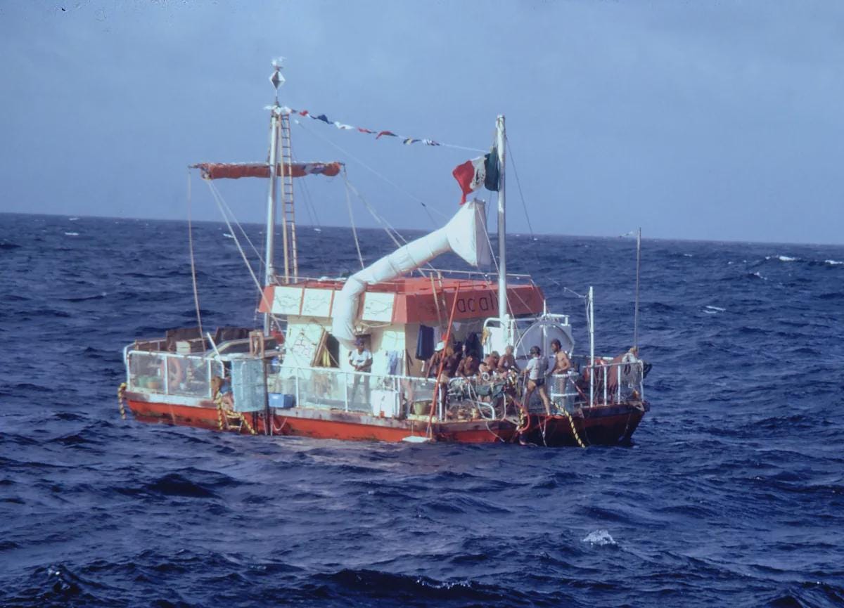 The Acali raft, which sailed the Atlantic in 1973 for a social experiment conducted by Mexican anthropologist Santiago Genovés, who gathered a diverse group of 11 people in hopes that they would get into conflict with each other. The test subjects ended up getting along just fine. The Acali raft, which sailed the Atlantic in 1973 for a social experiment conducted by Mexican anthropologist Santiago Genovés, who gathered a diverse group of 11 people in hopes that they would get into conflict with each other. The test subjects ended up getting along just fine.