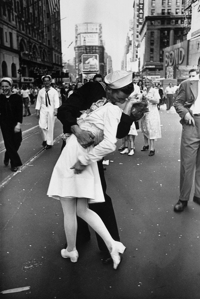 An American sailor kissing a white-uniformed nurse in Times Square to celebrate the victory over Japan in 1945. (Photo by Alfred Eisenstaedt/The LIFE Picture Collection © Meredith Corporation) An American sailor kissing a white-uniformed nurse in Times Square to celebrate the victory over Japan in 1945. (Photo by Alfred Eisenstaedt/The LIFE Picture Collection © Meredith Corporation)