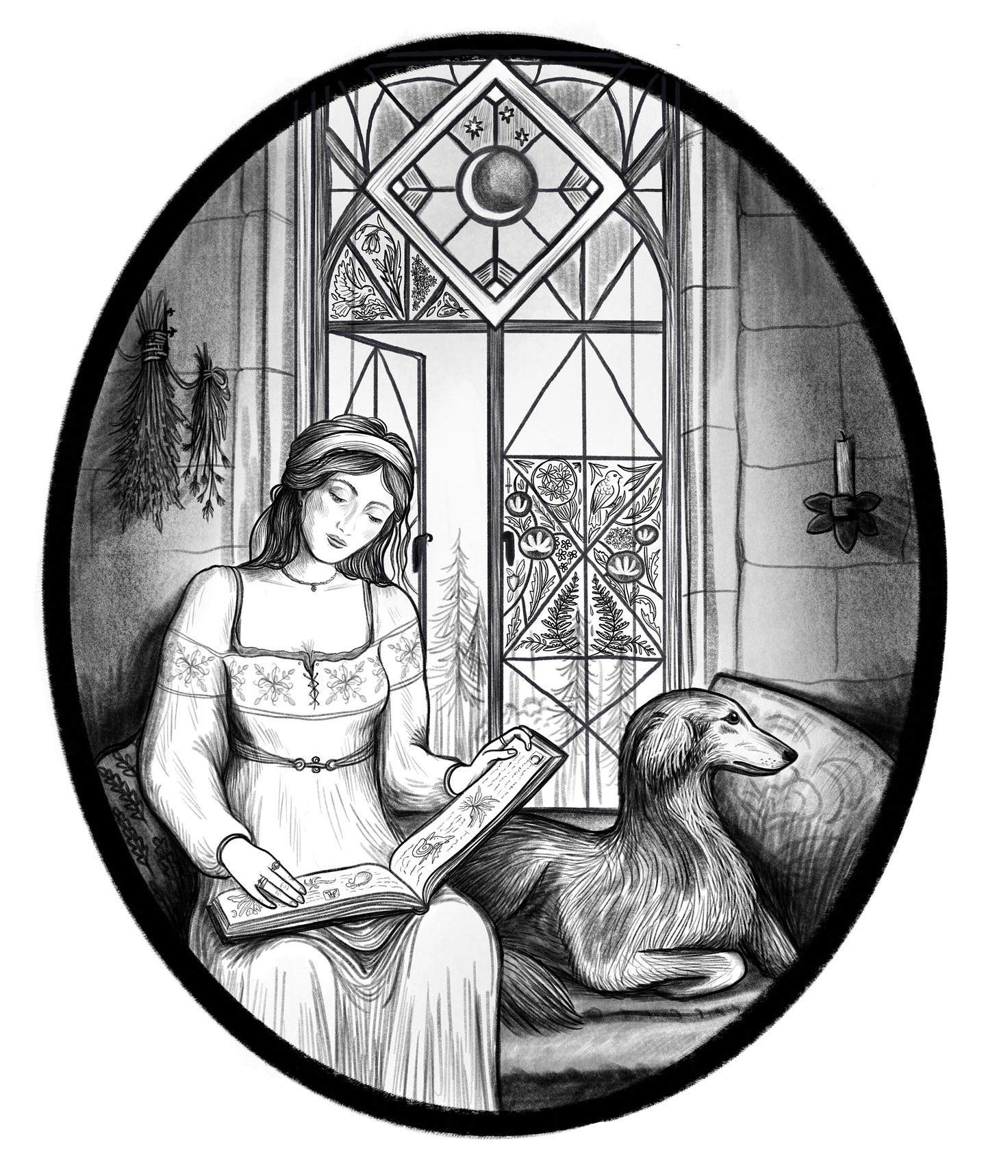 a woman and her sighthound, sat in a window seat overlooking a forest, with a stained glass pane. Anna Stead.