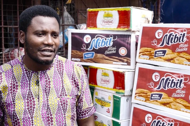 A consumer goods distributor in front of Fastizers' products. A consumer goods distributor in front of Fastizers' products.
