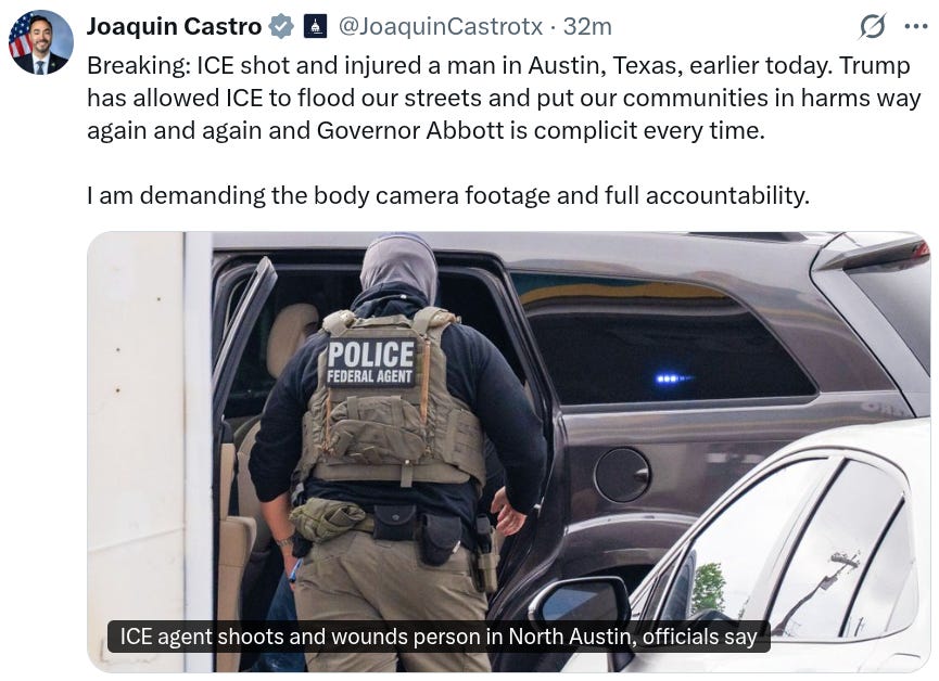 ICE Shooting scene in Austin, Texas (Photo via Joaquin Castro on x.com) ICE Shooting scene in Austin, Texas (Photo via Joaquin Castro on x.com)