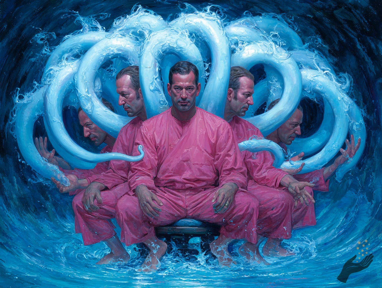 A central figure in a pink robe sits on a stool in swirling blue water, surrounded by repeated side-facing versions of the same figure and large pale blue looping forms behind them.