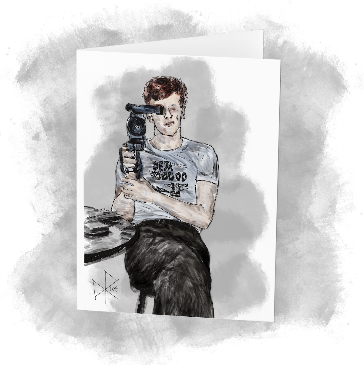 A seated man, looking through the viewfinder, points an ancient video camera directly at you. Sketch art by Don Rice. A seated man, looking through the viewfinder, points an ancient video camera directly at you. Sketch art by Don Rice.