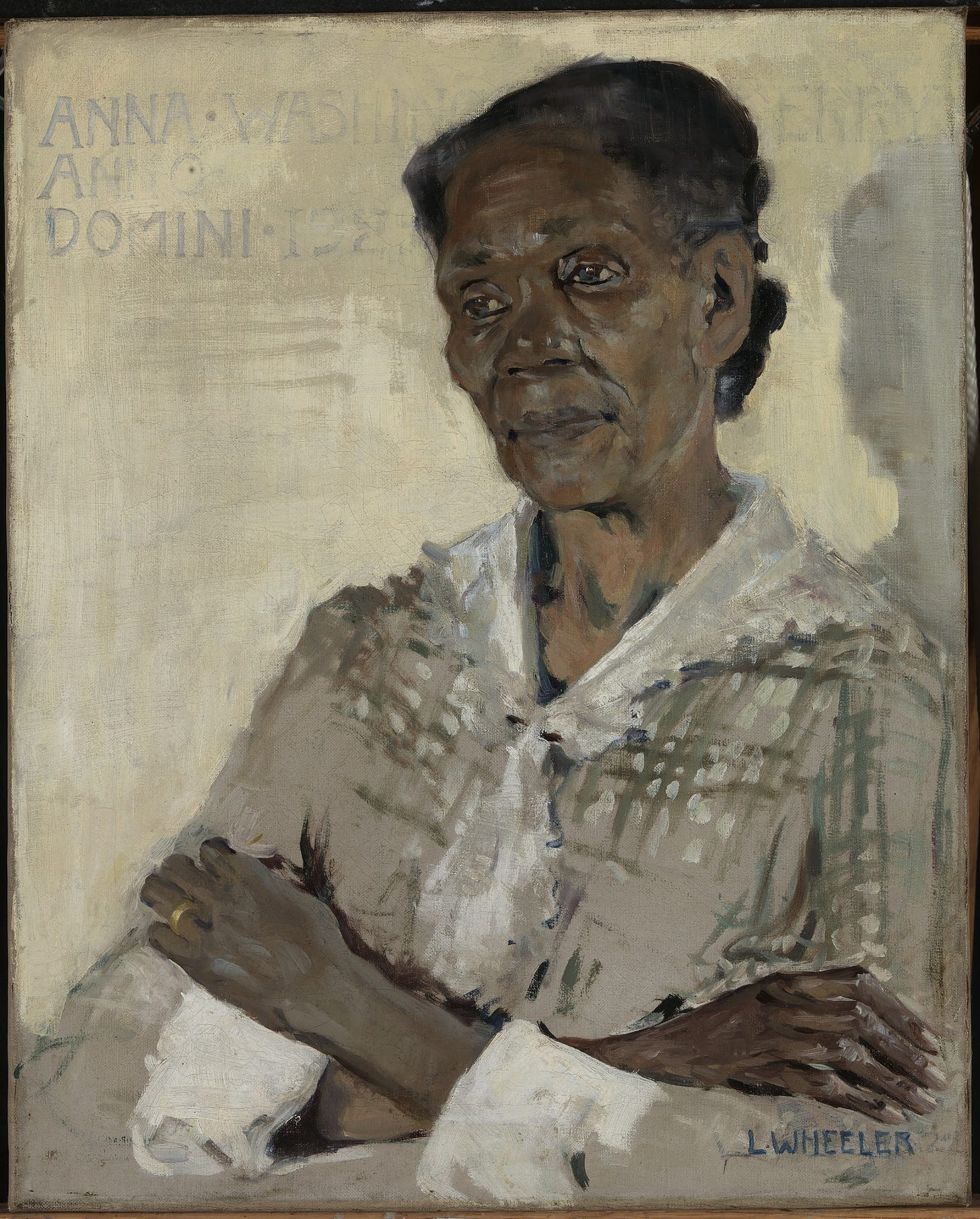 Portrait of an elderly Black woman with her arms crossed, in a pale checked blouse, against a gray background with her name painted in capitals. Portrait of an elderly Black woman with her arms crossed, in a pale checked blouse, against a gray background with her name painted in capitals.
