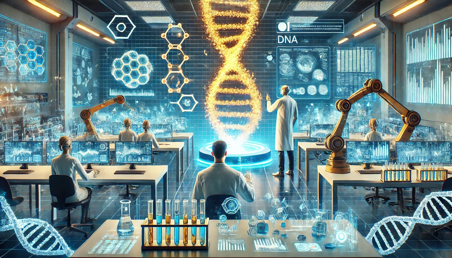 A futuristic biotech laboratory filled with advanced AI-driven equipment and glowing data screens. Scientists in sleek lab coats analyze DNA sequences on holographic displays, while robotic arms handle genetic samples. The atmosphere is cutting-edge, blending AI technology with biological research. A golden DNA helix floats above a digital investment chart, symbolizing the intersection of biotech and AI-driven venture capital.
