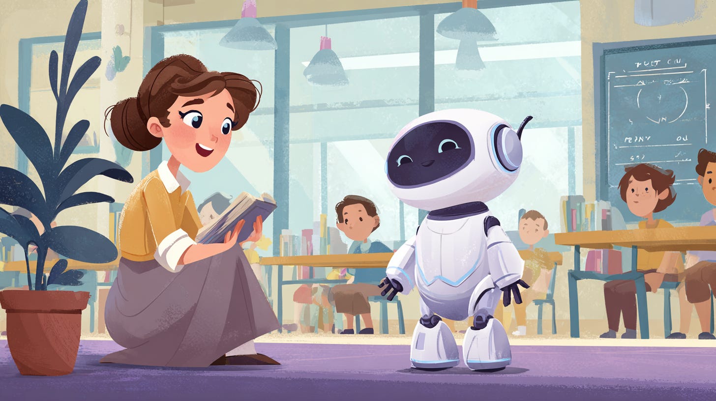 happy human teaching a happy robot