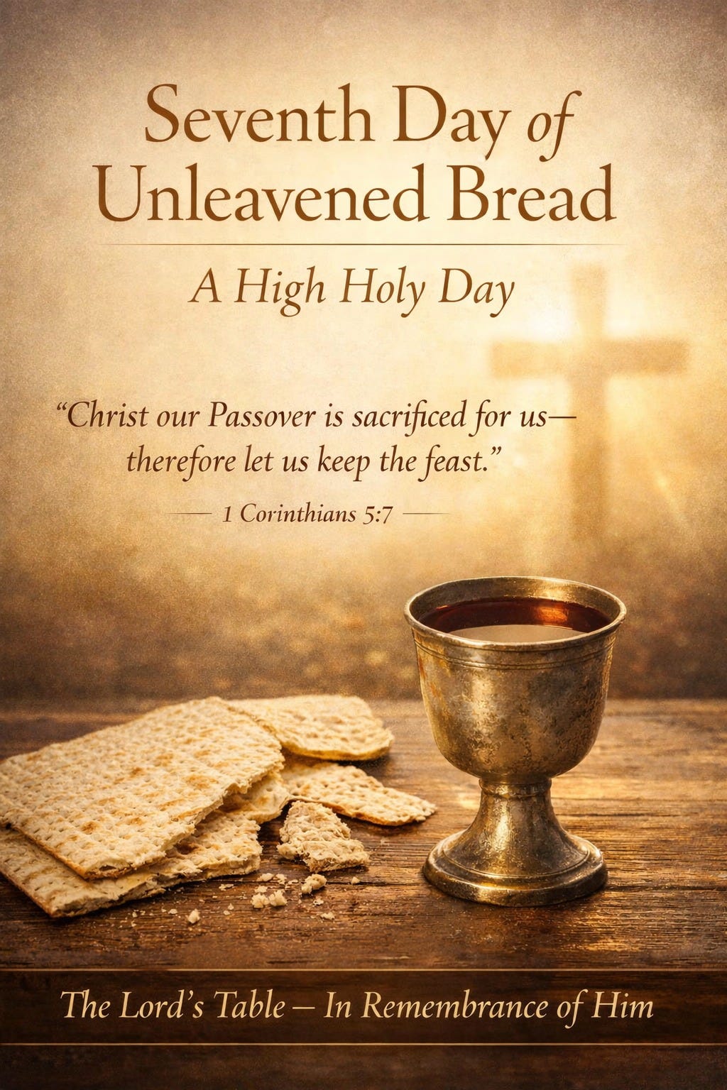 May be an image of text that says 'Seventh Day of Unleavened Bread A High Holy Day "Christ our Passover is sacrificed for us therefore let us Keep the feast." 1 Corinthians 5:7 The Lord's Table- -In In Remembrance of Him'