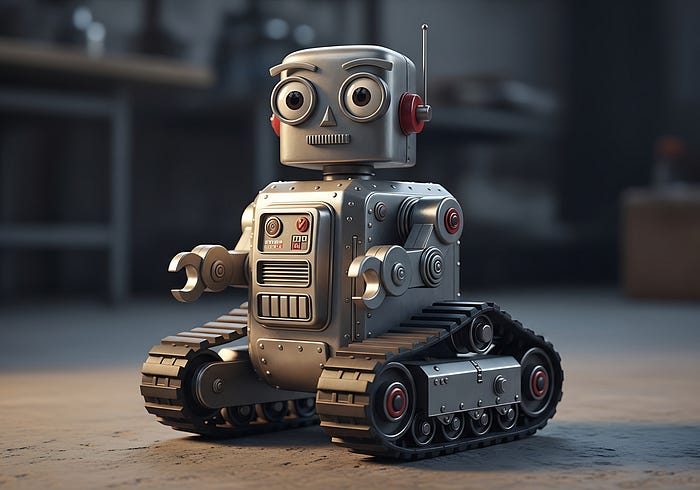 Cute Vintage Toy Robot Sitting on Tank Tracks in Dim Workshop Cute Vintage Toy Robot Sitting on Tank Tracks in Dim Workshop