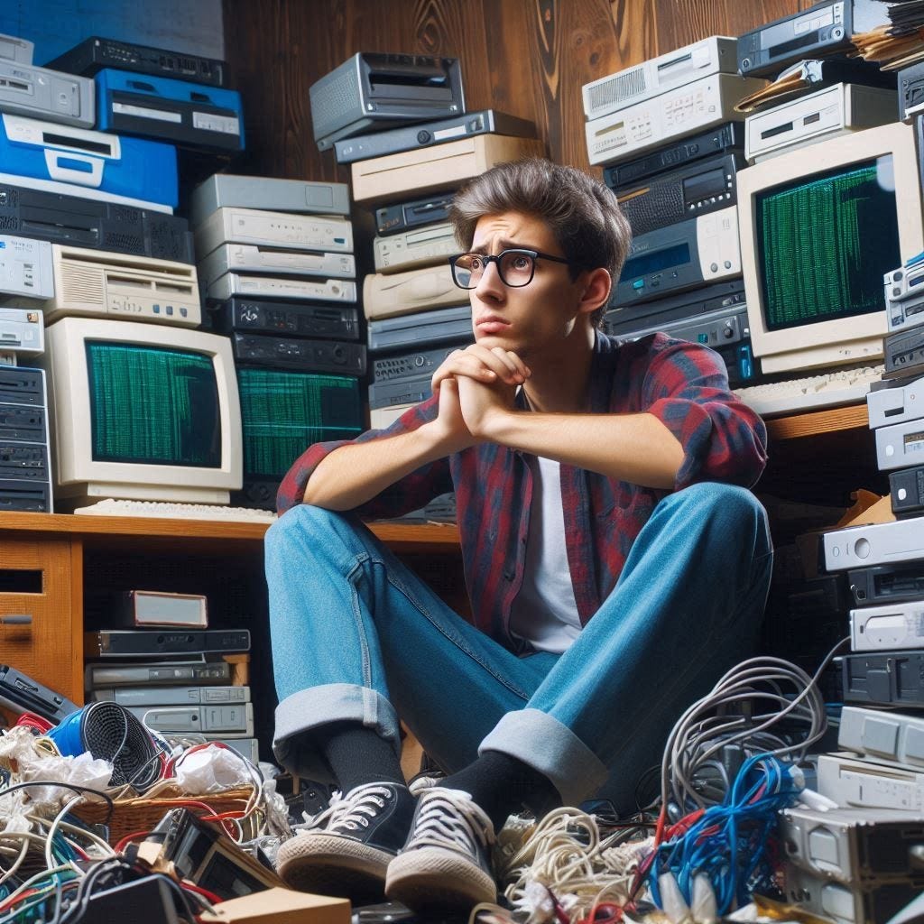Young man surrounded by lots of unused broken electroncis and computers symbolizing digital hoarding