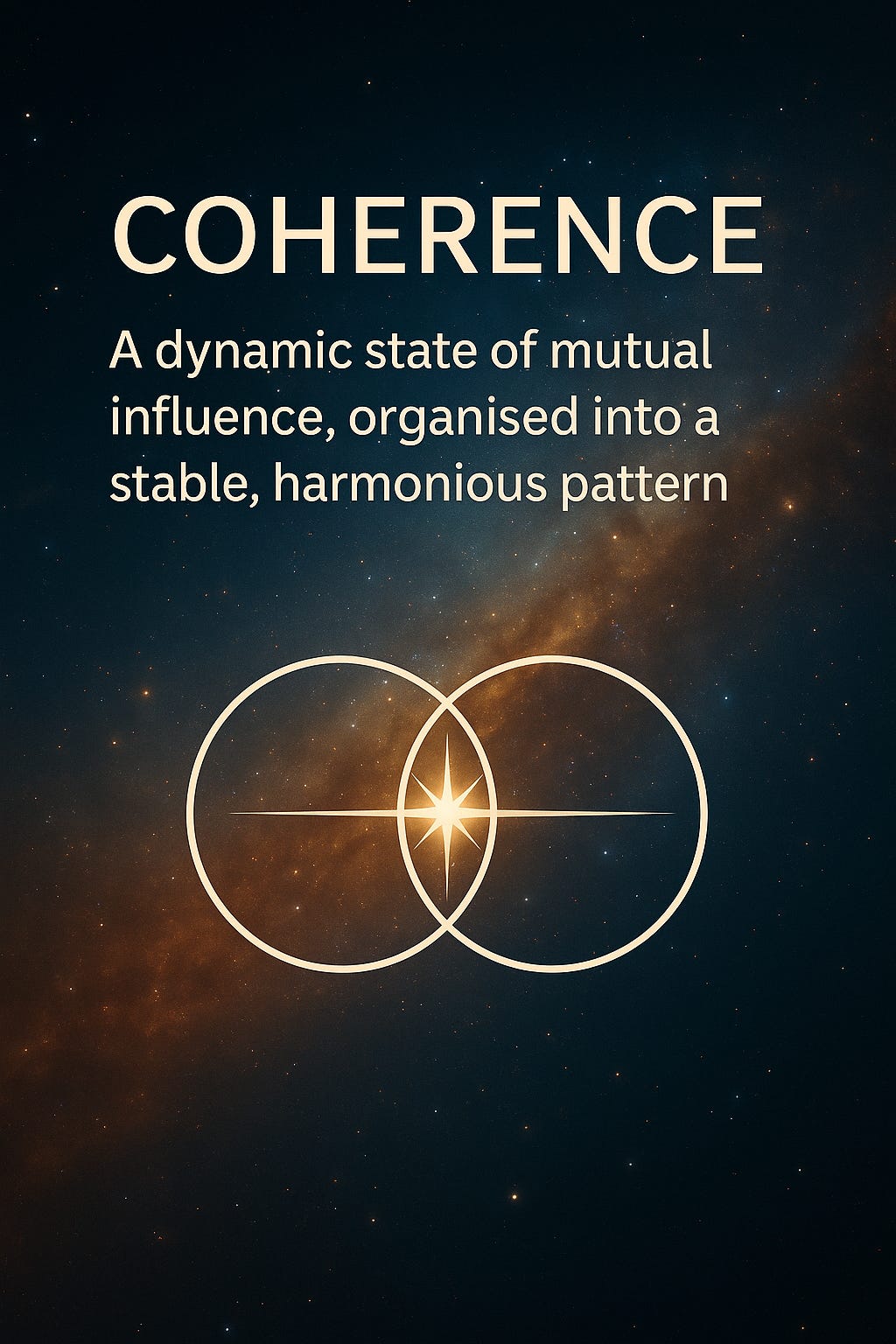 Poster on a star-field. Title reads “COHERENCE: A dynamic state of mutual influence, organised into a stable, harmonious pattern.” Below, two overlapping circles (vesica piscis) with a bright star at the overlap and a thin horizontal line through the centre.