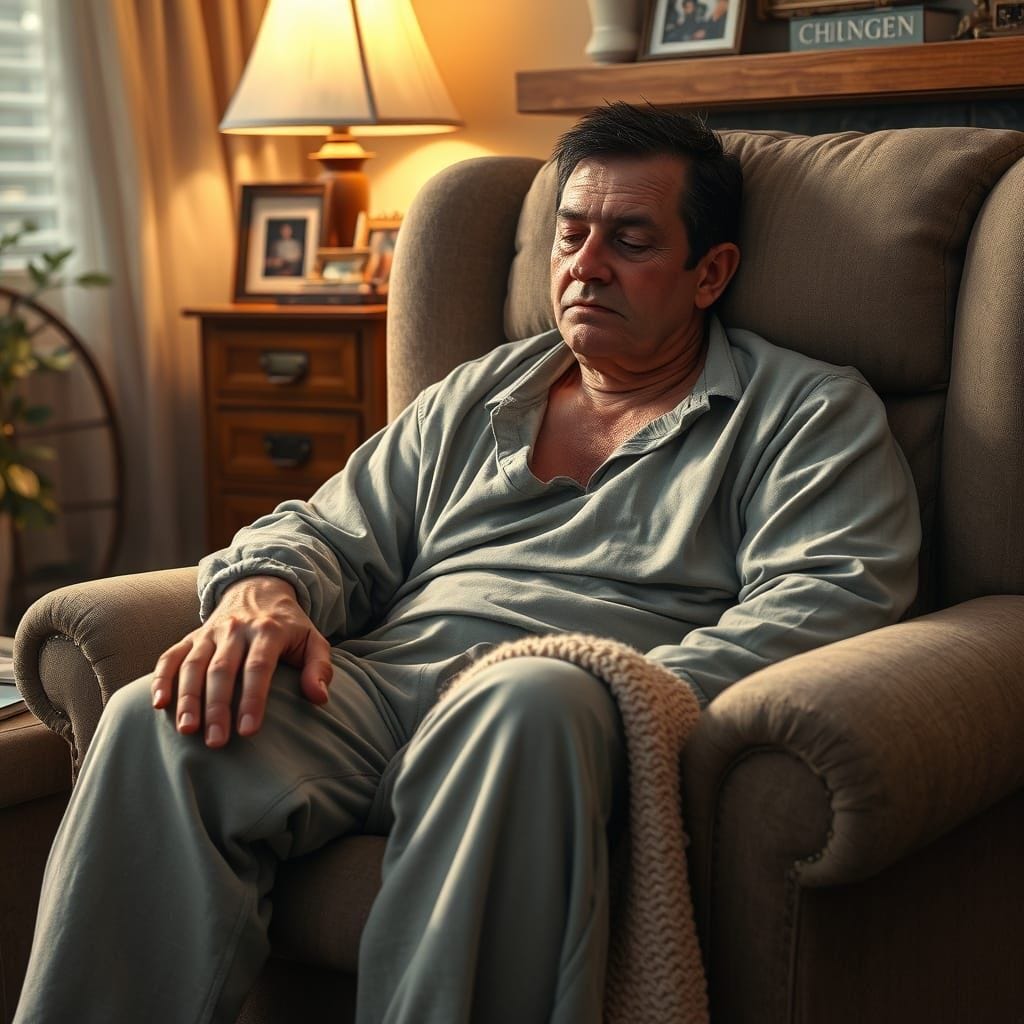 photorealistic,  person sitting in chair in living room, very sick, pain, blanket over legs, fully clothed,
