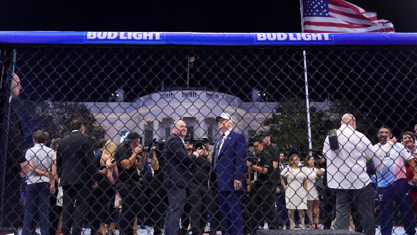 Three years ago, Kid Rock was blasting cases of "woke" @budlight with AR-15 bullets. Last night, Bud Light branding ringed the @UFC octagon as President Trump looked on from the White House Three years ago, Kid Rock was blasting cases of "woke" @budlight with AR-15 bullets. Last night, Bud Light branding ringed the @UFC octagon as President Trump looked on from the White House