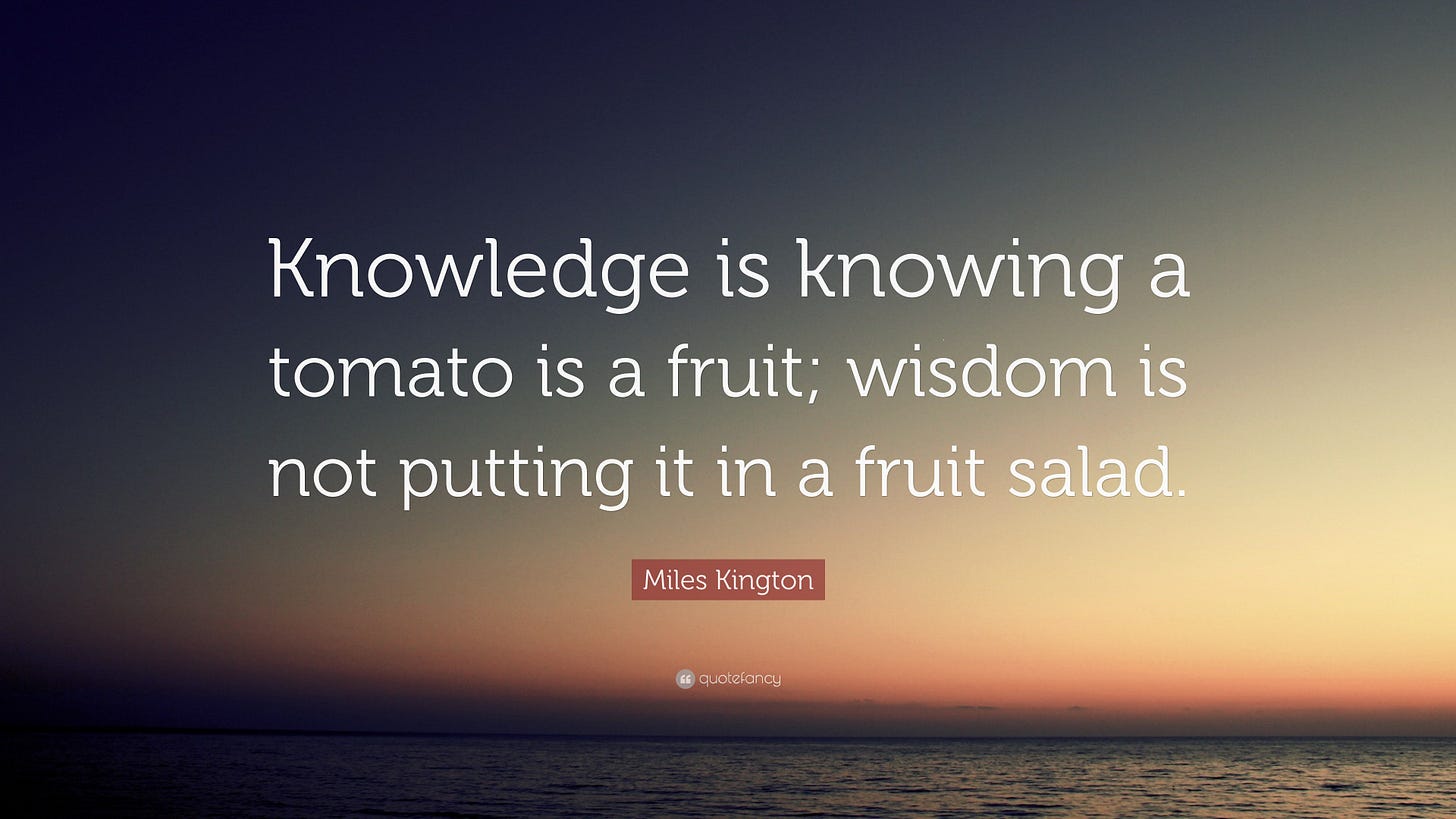 Miles Kington Quote: "Knowledge is knowing a tomato is a fruit; wisdom ...
