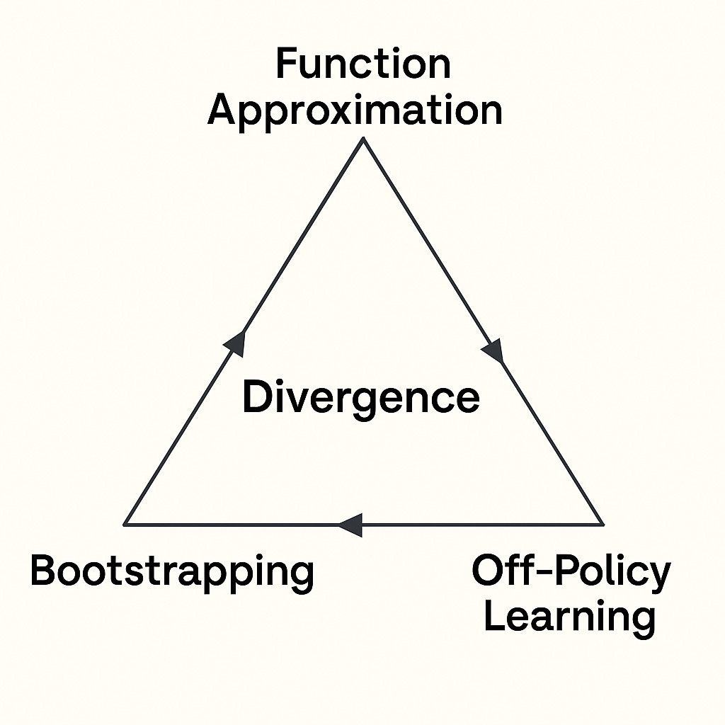 Deadly Triad (triangle with Function Approximation, Bootstrapping, Off-Policy Learning, and Divergence in the center)