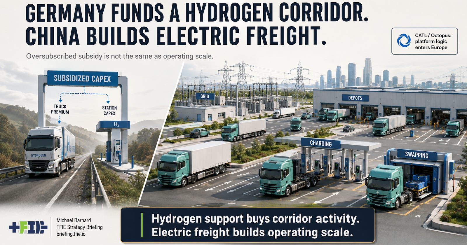 Germany’s subsidized hydrogen corridor is contrasted with China’s integrated electric truck, grid, charging and swapping system.