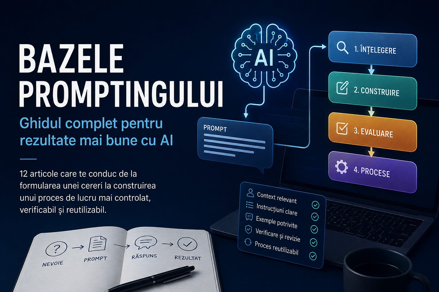 Ilustrație despre seria Bazele promptingului, cu un model AI, un prompt și cele patru etape ale procesului: înțelegere, construire, evaluare și procese reutilizabile.