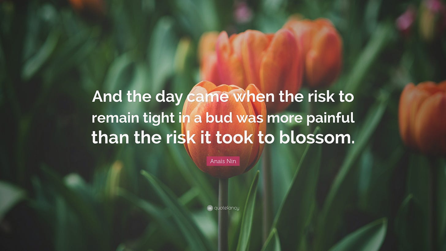 Anais Nin Quote in front of a 50% transparency image of orange tulips: “And the day came when the risk to remain tight in a bud was more painful than the risk it took to blossom.”