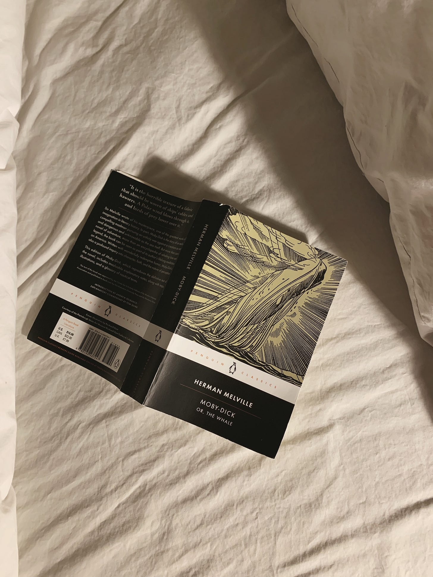 a book lays open on a bed, with over visible; the book is Moby-Dick by Herman Melville.