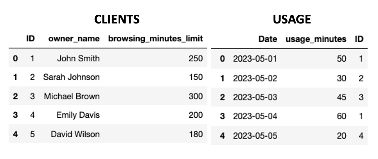 Example tables. Clients and Usage.