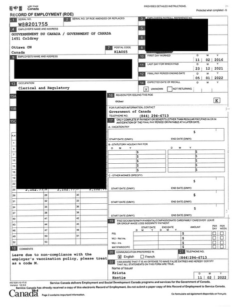 Hundreds of ROEs for public servants placed on Administrative LWOP are all signed by the same person - Krista Hastie