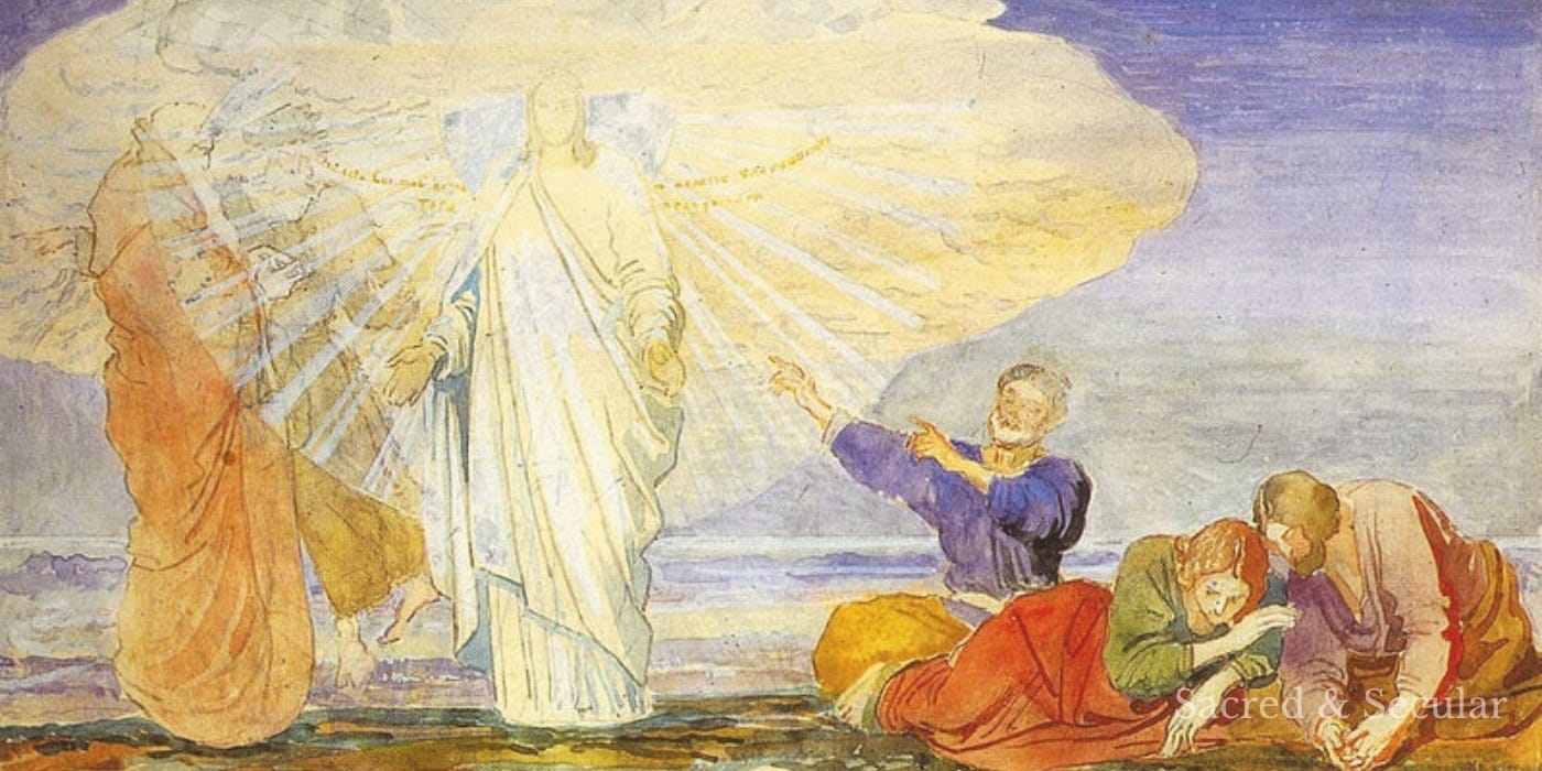 Classical painting by Alexander Ivanov depicting the Transfiguration of Jesus. Jesus stands radiant with light on a mountain between Moses and Elijah while Peter, James, and John look on in awe below.
