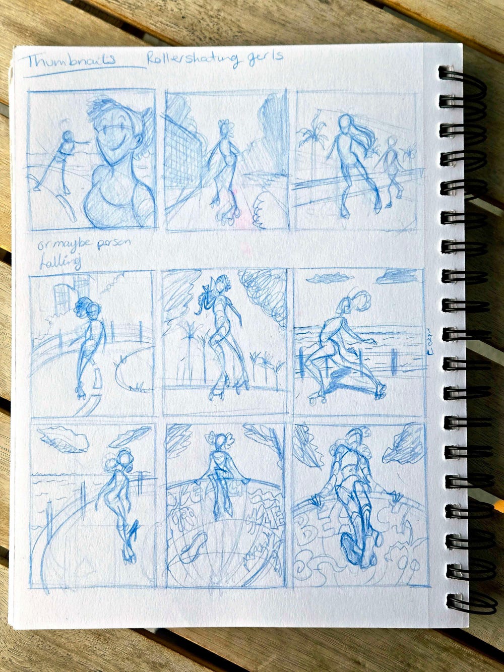 Sketchbook thumbnails for a girl skating Sketchbook thumbnails for a girl skating