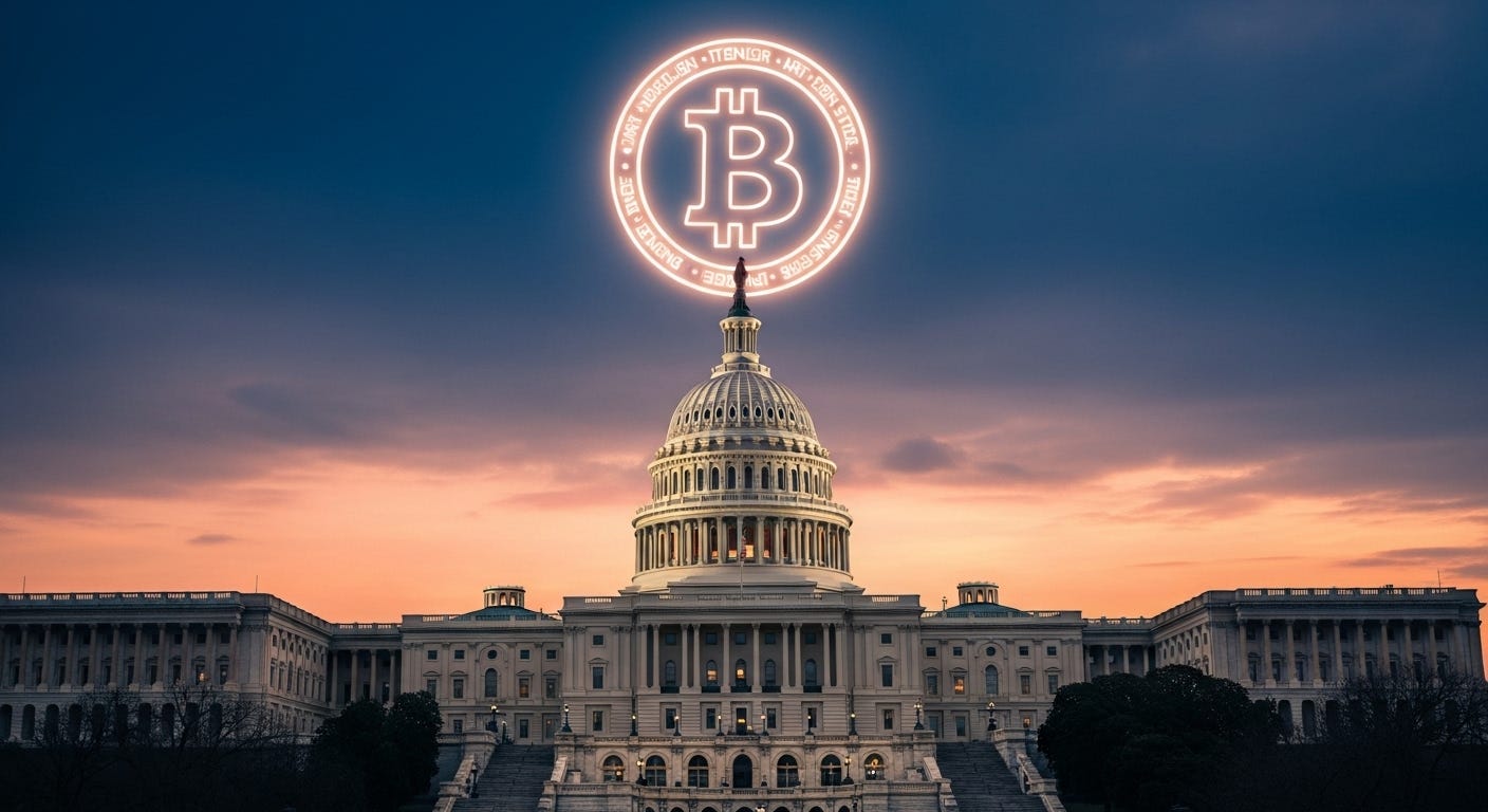 A glowing Bitcoin symbol hovers above the United States Capitol Building at sunset.