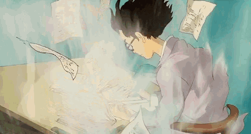 a cartoon of a man sitting at a desk with papers flying out of his head . a cartoon of a man sitting at a desk with papers flying out of his head .