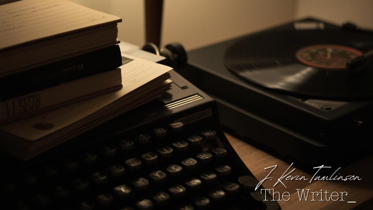 An old typewriter and a record player. There's a stack of books on top of the typewriter. 