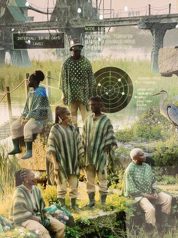 An image showing people in green ponchos with computer-like text over it. An image showing people in green ponchos with computer-like text over it.