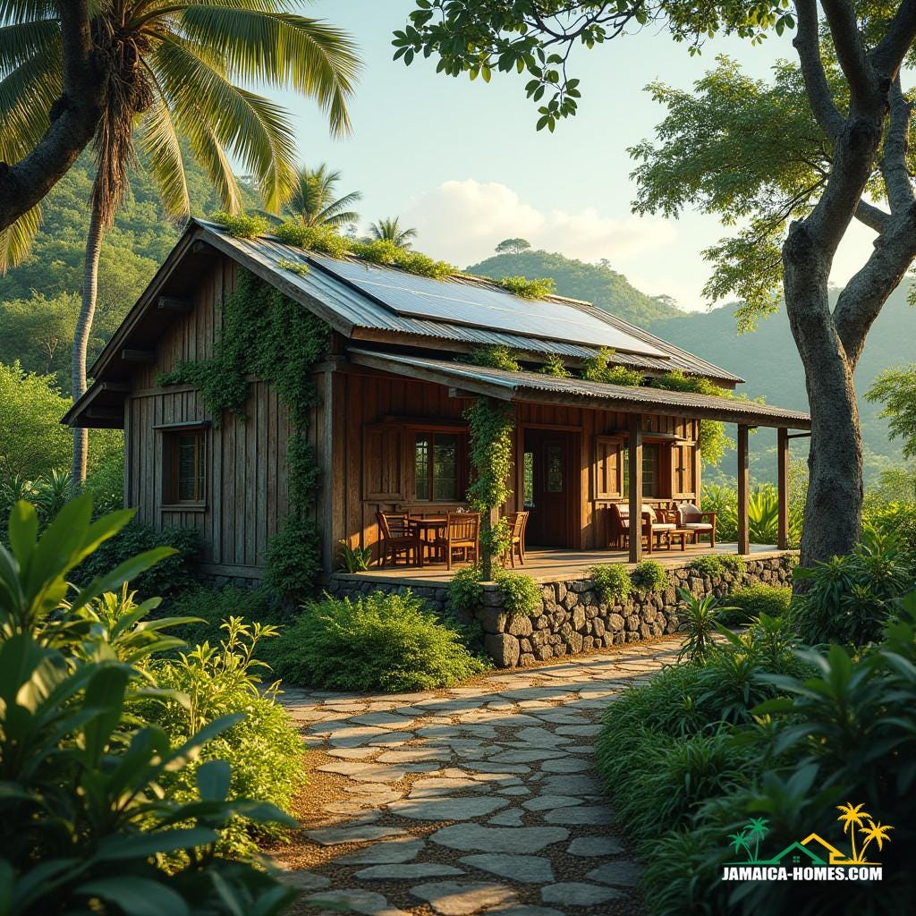 A serene Jamaican homestead, "Golden Grove", nestled amidst lush tropical gardens, blending rustic charm with modern eco-friendly innovations, as if plucked from a cinematic dreamscape. The wooden façade, weathered to a warm patina, is adorned with verdant vines, while stone walls provide a sturdy foundation, evoking a sense of earthy connection. Wide, shaded verandas invite relaxation and community gatherings, overlooking thriving edible gardens, where sunlight filters through leafy greens and vibrant blooms. Solar panels, discreetly integrated into the roof, harness the Caribbean sun's energy, while a rainwater harvesting system collects precious droplets, reflecting the homeowner's commitment to sustainability. 