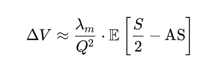 \Delta V \approx \frac{\lambda_m}{Q^2} \cdot \mathbb{E}\left[\frac{S}{2} - \text{AS}\right]