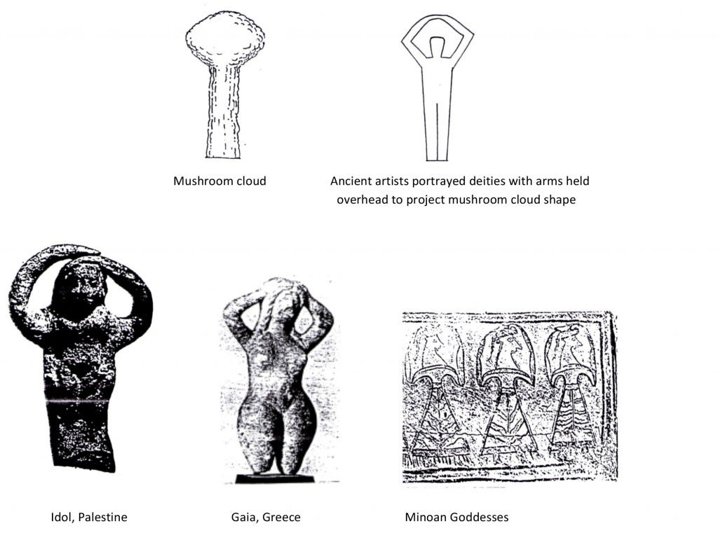 Mushroom cloud, arms overhead deity stance