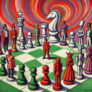 A surreal chessboard scene with a red-suited figure surrounded by chess pieces in various colors and styles, including a white knight and colorful pawns, set against a vibrant, swirling background.
