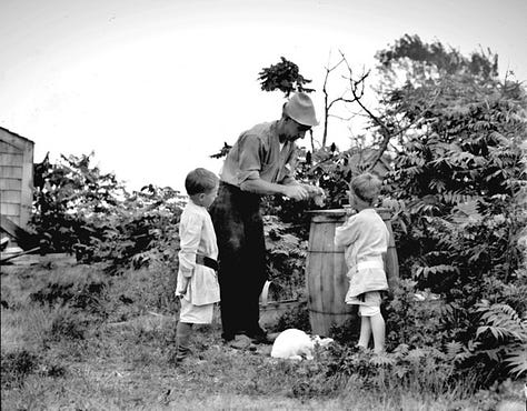 Jack cleaning fish as the boys look on ; Helen and the kids ; Helen knitting as children play at the Howard cottage