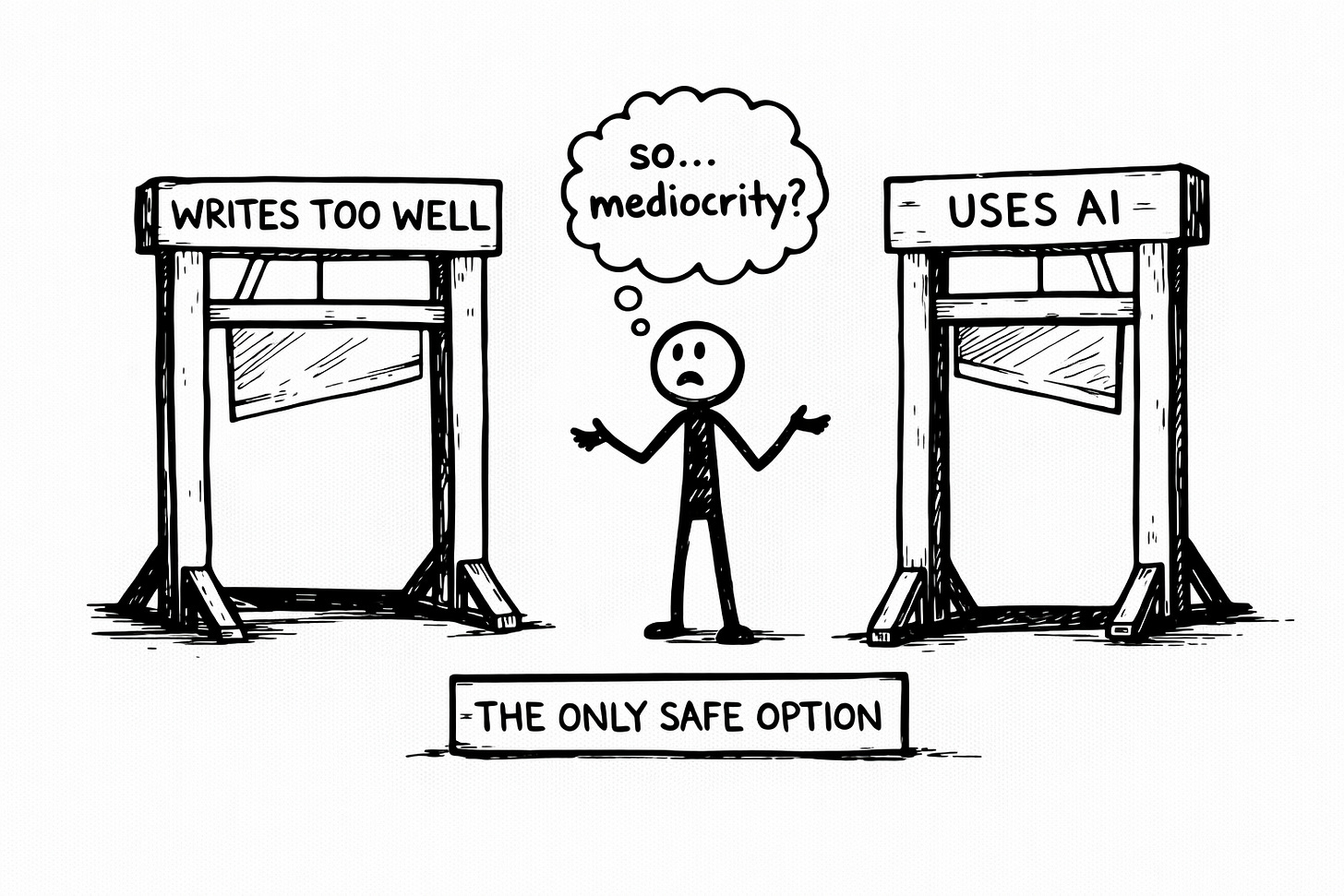 Hand-drawn black and white illustration of a stick figure standing between two guillotines, one labeled 'writes too well' and the other labeled 'uses AI,' with a thought bubble reading 'so mediocrity?' and a sign below reading 'the only safe option,' illustrating how writers are trapped between being accused of AI use and being penalized for using AI tools Hand-drawn black and white illustration of a stick figure standing between two guillotines, one labeled 'writes too well' and the other labeled 'uses AI,' with a thought bubble reading 'so mediocrity?' and a sign below reading 'the only safe option,' illustrating how writers are trapped between being accused of AI use and being penalized for using AI tools