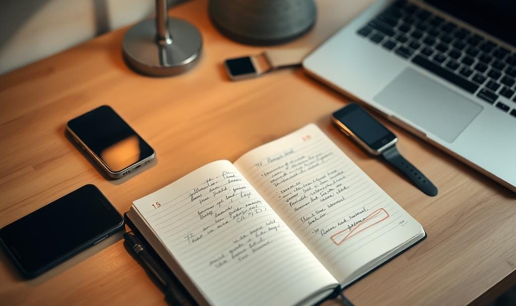 A softly lit desk with an open handwritten journal at the center. A smartphone, smartwatch, and laptop surround it, subtly intruding on the space. The scene feels quiet but uneasy, suggesting a loss of privacy in a moment meant to be personal. A softly lit desk with an open handwritten journal at the center. A smartphone, smartwatch, and laptop surround it, subtly intruding on the space. The scene feels quiet but uneasy, suggesting a loss of privacy in a moment meant to be personal.
