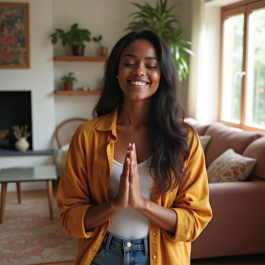 Provide me a realistic image of an African American woman with long straight hair in casual colorful clothing praying in the middle of her living room in a bright lively room