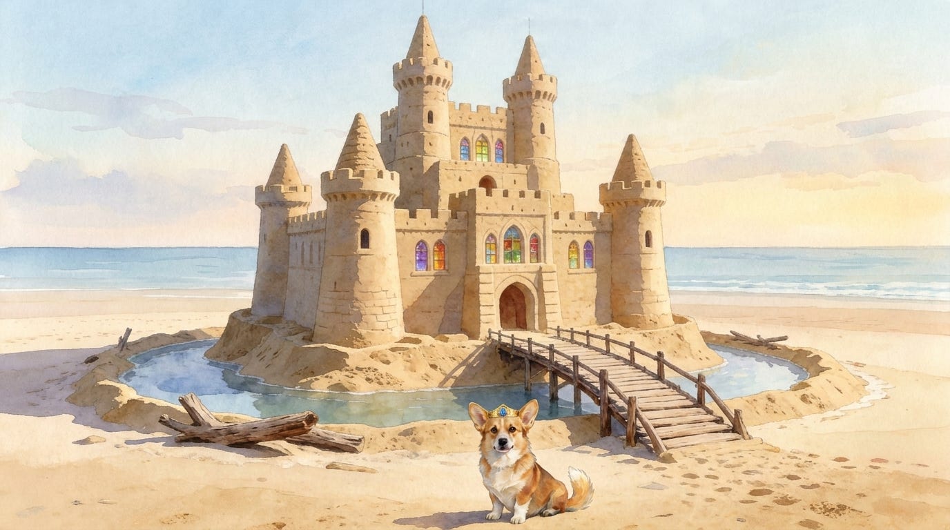 Prince Freddie discovers a small sandcastle on a Spanish beach at dawn — opening of a cozy bedtime sleep story.