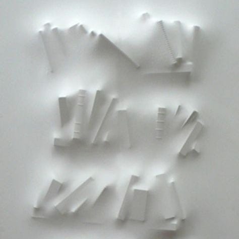 Image of Loris Cecchini Artwork of book outlines through a white wall