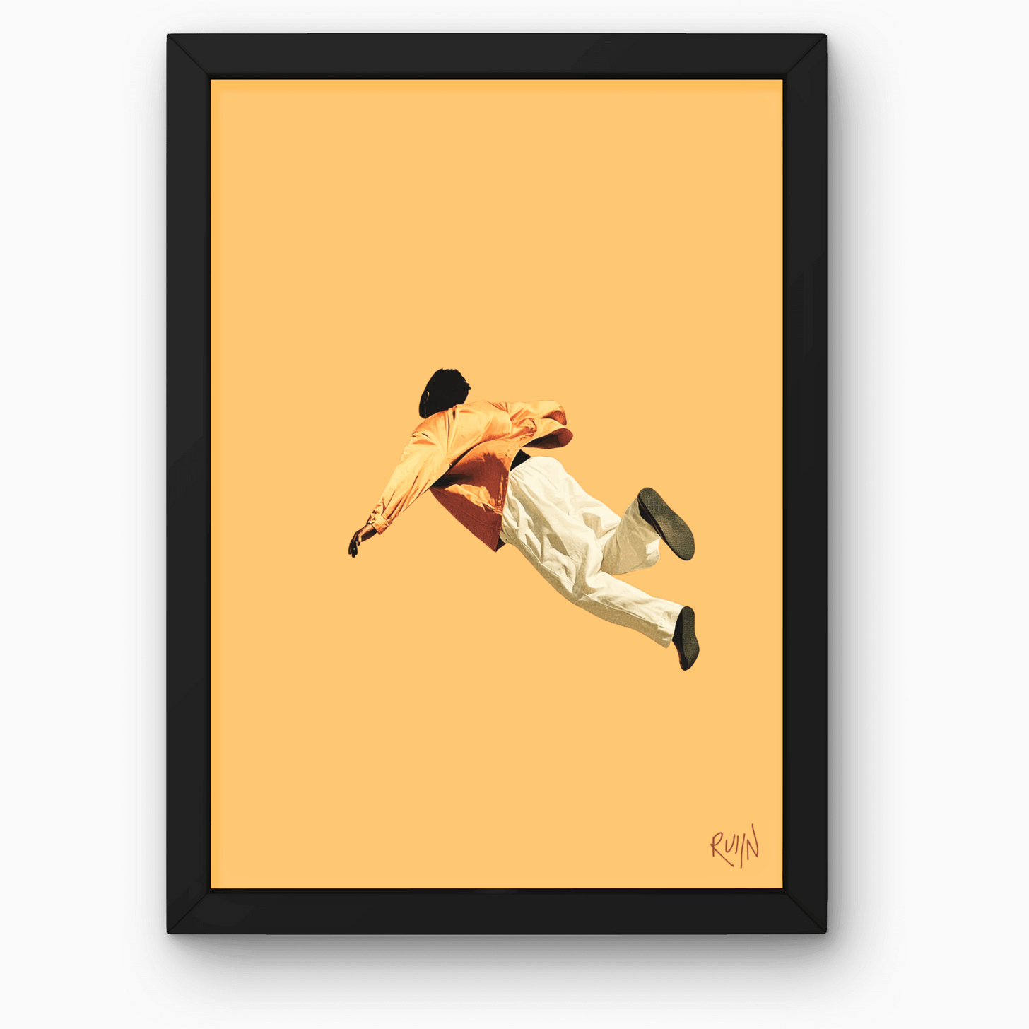 "A Short-Term Lease on the Air" from The Subtext Review’s Viewlines. A figure in an orange jacket and white trousers drifts within a solid ochre void. Seen at a slight distance, the subject is captured in a state of weightless suspension that suggests freefall. Minimalist style with stippled shading.