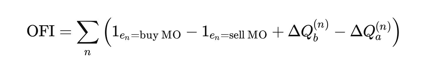 \text{OFI} = \sum_{n} \left( \mathbb{1}_{e_n = \text{buy MO}} - \mathbb{1}_{e_n = \text{sell MO}} + \Delta Q_b^{(n)} - \Delta Q_a^{(n)} \right) \text{OFI} = \sum_{n} \left( \mathbb{1}_{e_n = \text{buy MO}} - \mathbb{1}_{e_n = \text{sell MO}} + \Delta Q_b^{(n)} - \Delta Q_a^{(n)} \right)