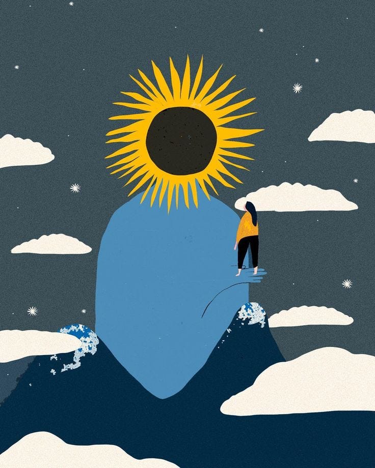 A blue figure with a sun as a head holds a person with long hair in its hand. There are clouds and a dark sky in the background. A blue figure with a sun as a head holds a person with long hair in its hand. There are clouds and a dark sky in the background.