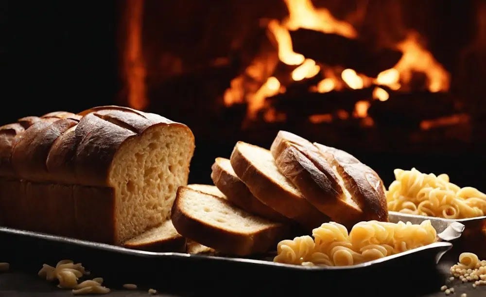Bread and pasta, potential triggers for Celiac Disease, are shown in front of a cozy fireplace.