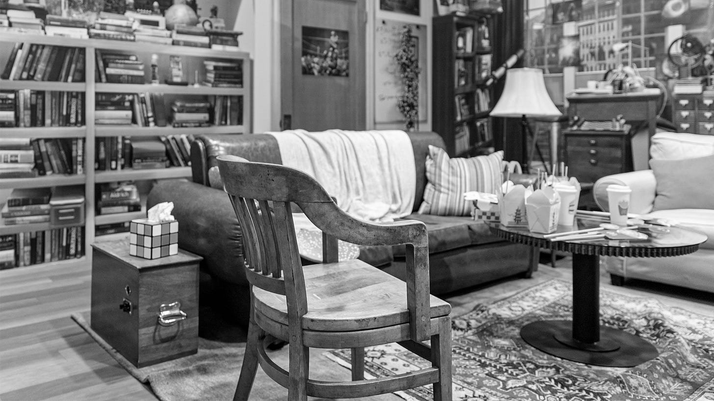 A black and white photo of Leonard and Sheldon's living room A black and white photo of Leonard and Sheldon's living room