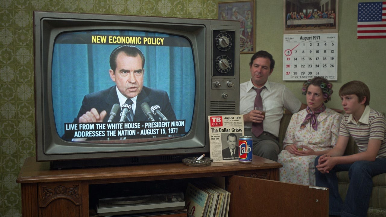 Family watching President Nixon's New Economic Policy address on television, August 1971