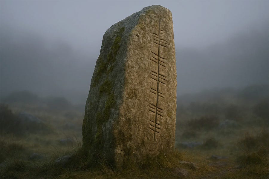 A solitary standing stone rises from a mist-covered moor, its surface etched with ogham lines—the ancient Celtic script of memory and names. Moss clings to its edges, and the surrounding fog blurs the horizon, as if the stone alone endures where all else fades.