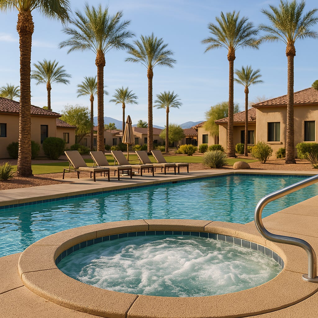 A sunny Arizona resort with a hot tub and swimming pool surrounded by palm trees and desert mountains.